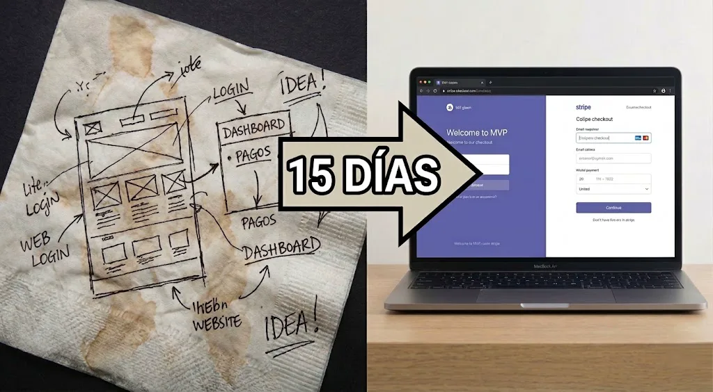 Un boceto de la aplicación dibujado en una servilleta y, tras una flecha, esa misma aplicación funcionando en un portátil